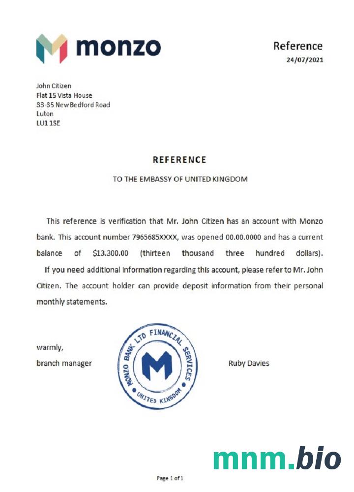Przykład odniesienia Monzo bank w Wielkiej Brytanii w formatach Word i PDF